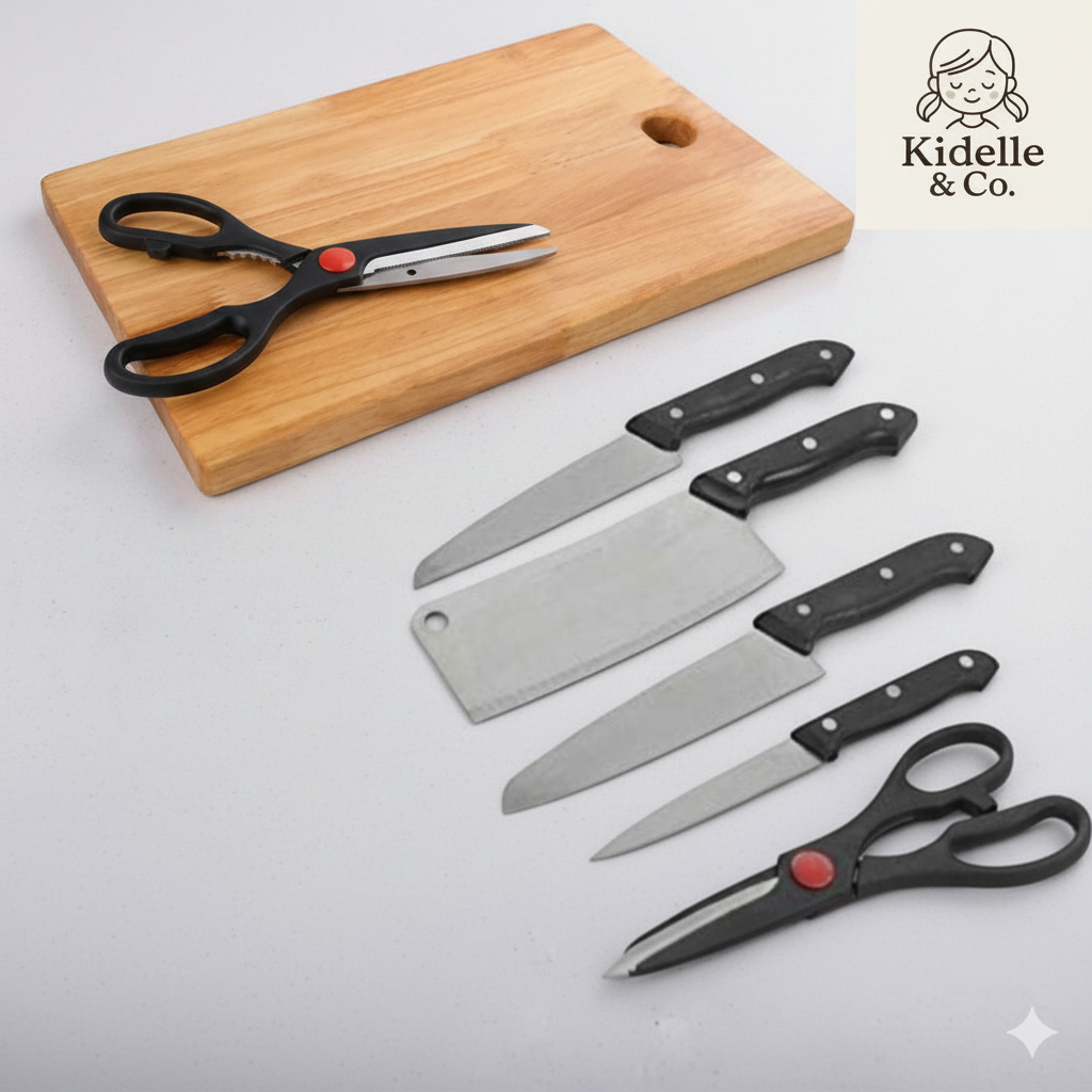 Wooden Multipurpose Chopping and Cutting Board Set for Kitchen, Vegetables & Meat Cutting, Fruit Cutter, Heavy Durable Easy to Clean Board (Set of 4 Knife +1 Scissor +1 Chopper Board)