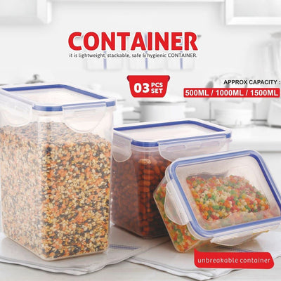 Rectangle Abs Airtight Food Storage Containers With Leak Proof Locking Lid Storage Container Set Of 3 Pc (Approx Capacity 500ml1000ml1500ml Transparent) - second image