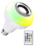 Multicolor LED bulb with wireless Bluetooth control and speaker.