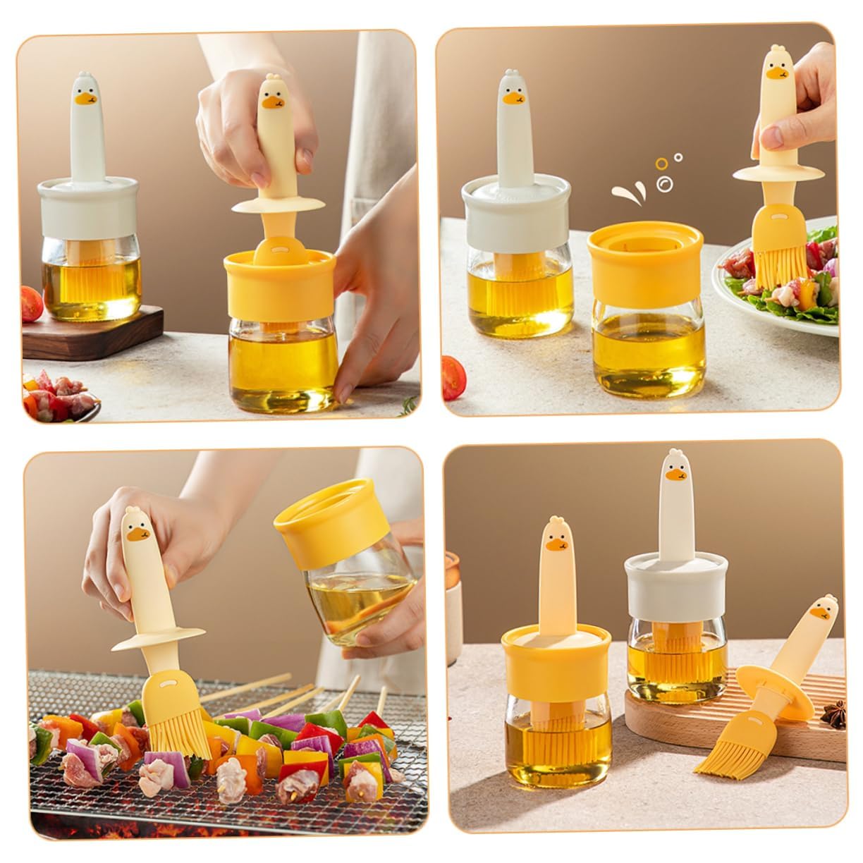 Glass Olive Oil Dispenser Bottle with Silicone Brush 2 in 1,200ml Cute Duck Silicone Measuring Oil Dispenser Bottle for Kitchen Cooking,Frying,Baking,BBQ Pancake,Air Fryer