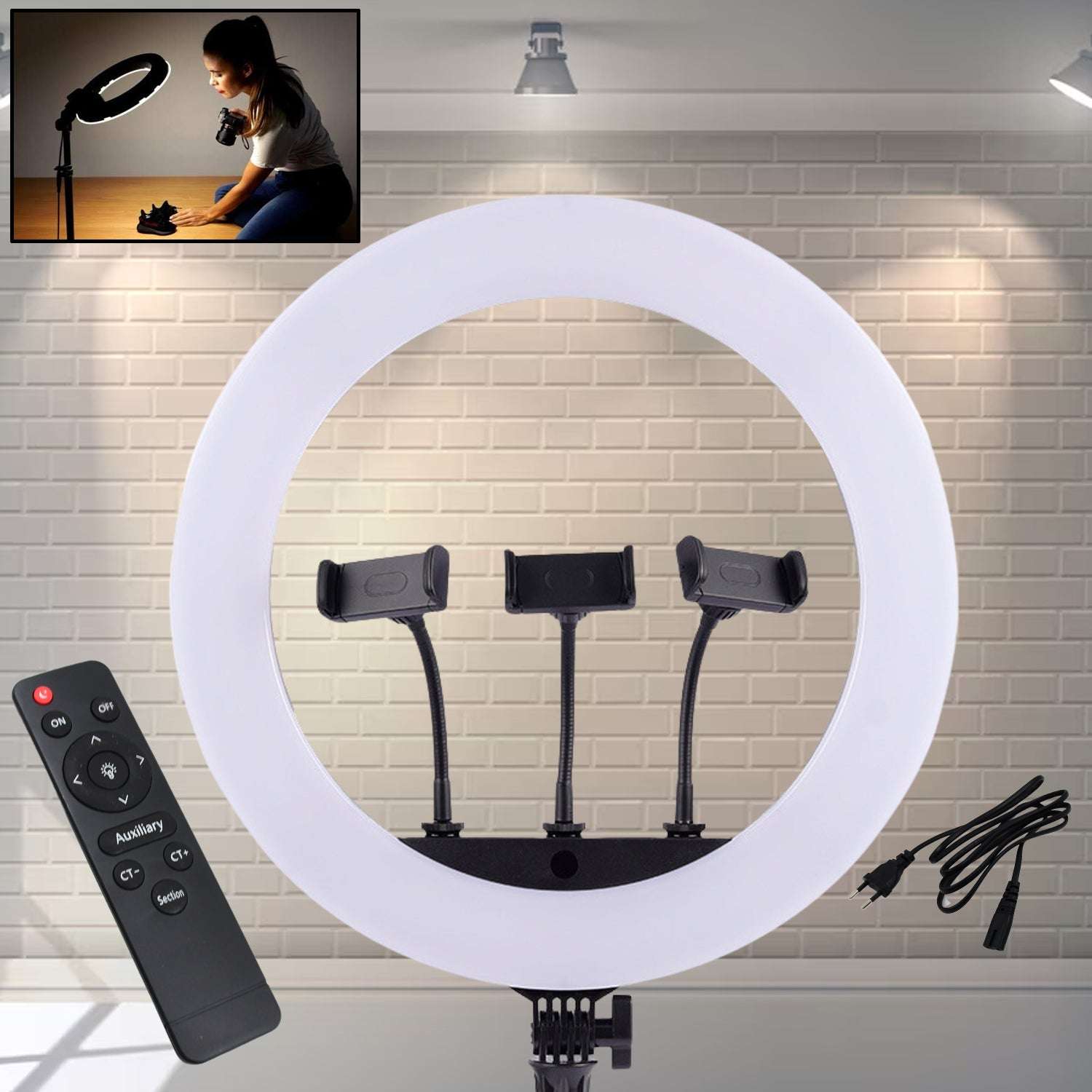 18 Inch Led Ring Light With 3 Colour Modes  3 Mobile Holders Remote Control (1 Set) - LootFaat