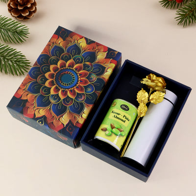 Kesar Pista Almonds Gift Set: Golden Rose & Bottle (3 Pcs)