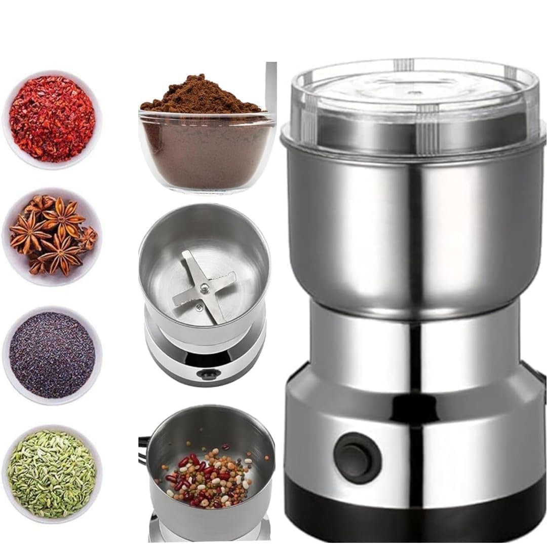 Stainless Steel Nima Electric Grinder | Multifunctional Mixer Grinder & Coffee Maker | Powerful Grinding Machine for Coffee Beans, Dry Spices, Nuts & Grains | Compact & Durable Design