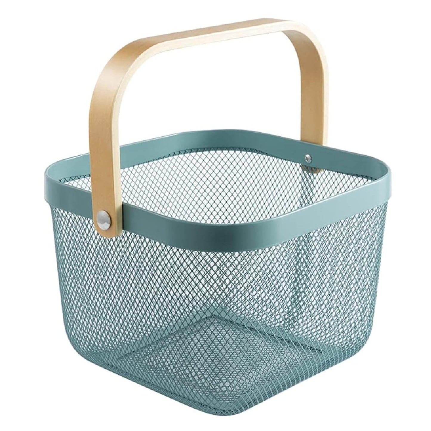 Multi-Purpose Metal Mesh Storage Basket with Bamboo Handle – Stylish & Durable Organizer for Kitchen, Bathroom, Pantry, and Home (25 x 25 x 18 CM)