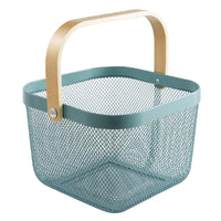 Multi-Purpose Metal Mesh Storage Basket with Bamboo Handle – Stylish & Durable Organizer for Kitchen, Bathroom, Pantry, and Home (25 x 25 x 18 CM)