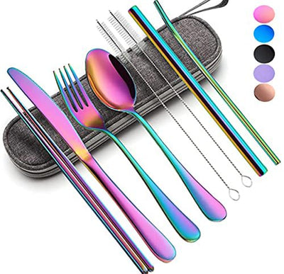 Portable Utensils Set,Reusable Travel Cutlery Set with Case Stainless Steel Flatware Set for Camping 8pcs Including Dinner Knife Fork Spoon Chopsticks Boba Straw (Rainbow) - second image