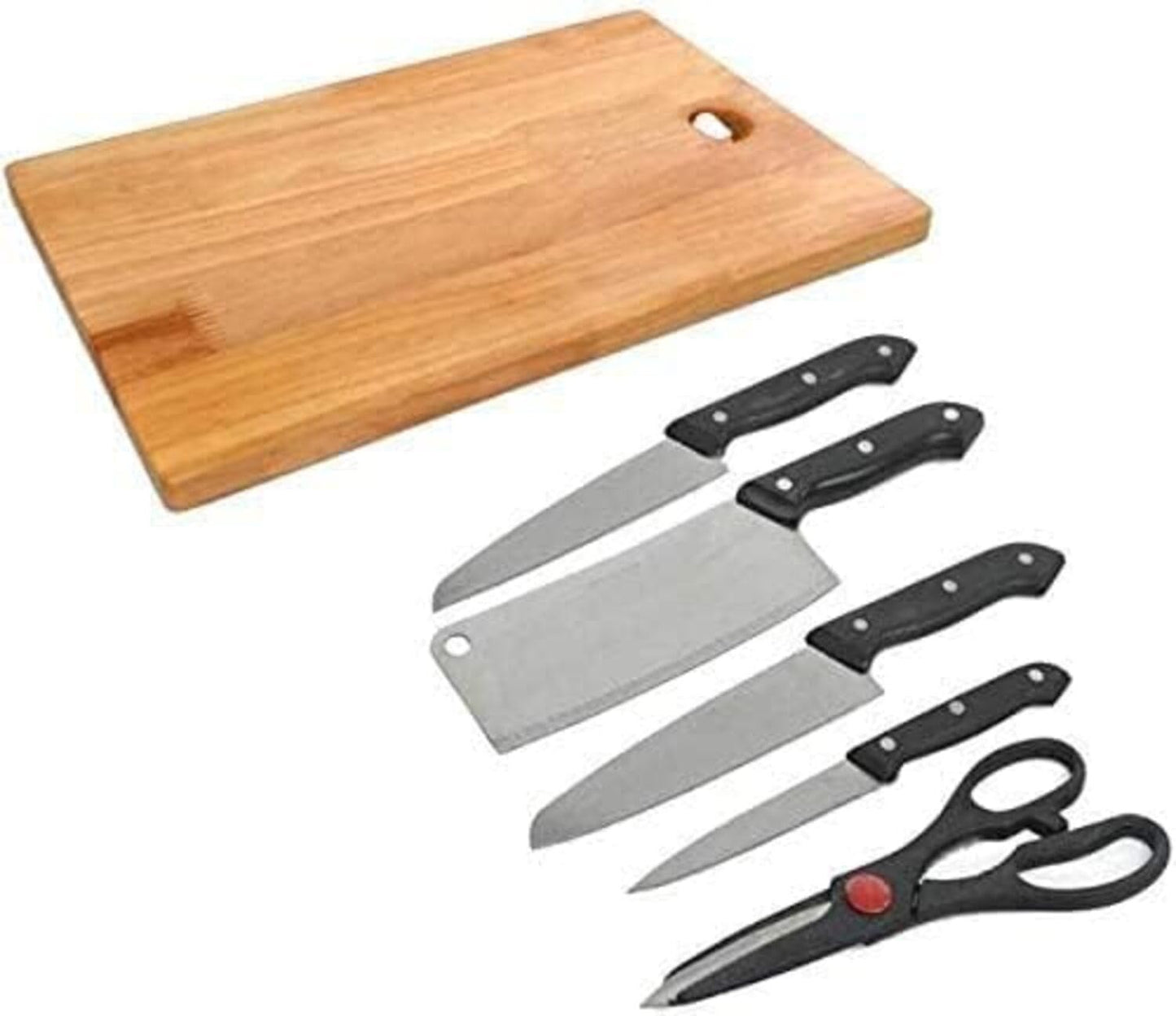 Wooden Multipurpose Chopping and Cutting Board Set for Kitchen, Vegetables & Meat Cutting, Fruit Cutter, Heavy Durable Easy to Clean Board (Set of 4 Knife +1 Scissor +1 Chopper Board)