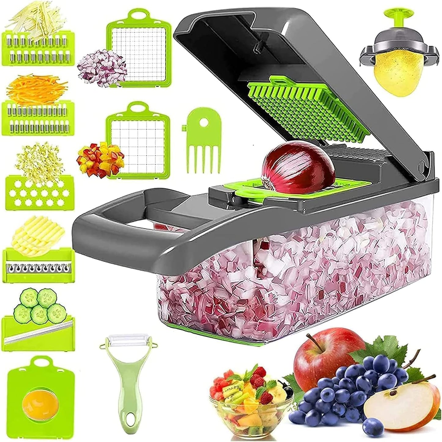 14 in 1 Multipurpose Chopper, Fruits & Vegetable Cutters, Grater Peeler Chipser, Unbreakable Food Grade Body, Chopper for Kitchen | Easy Push to Clean Button Slicer Dicer