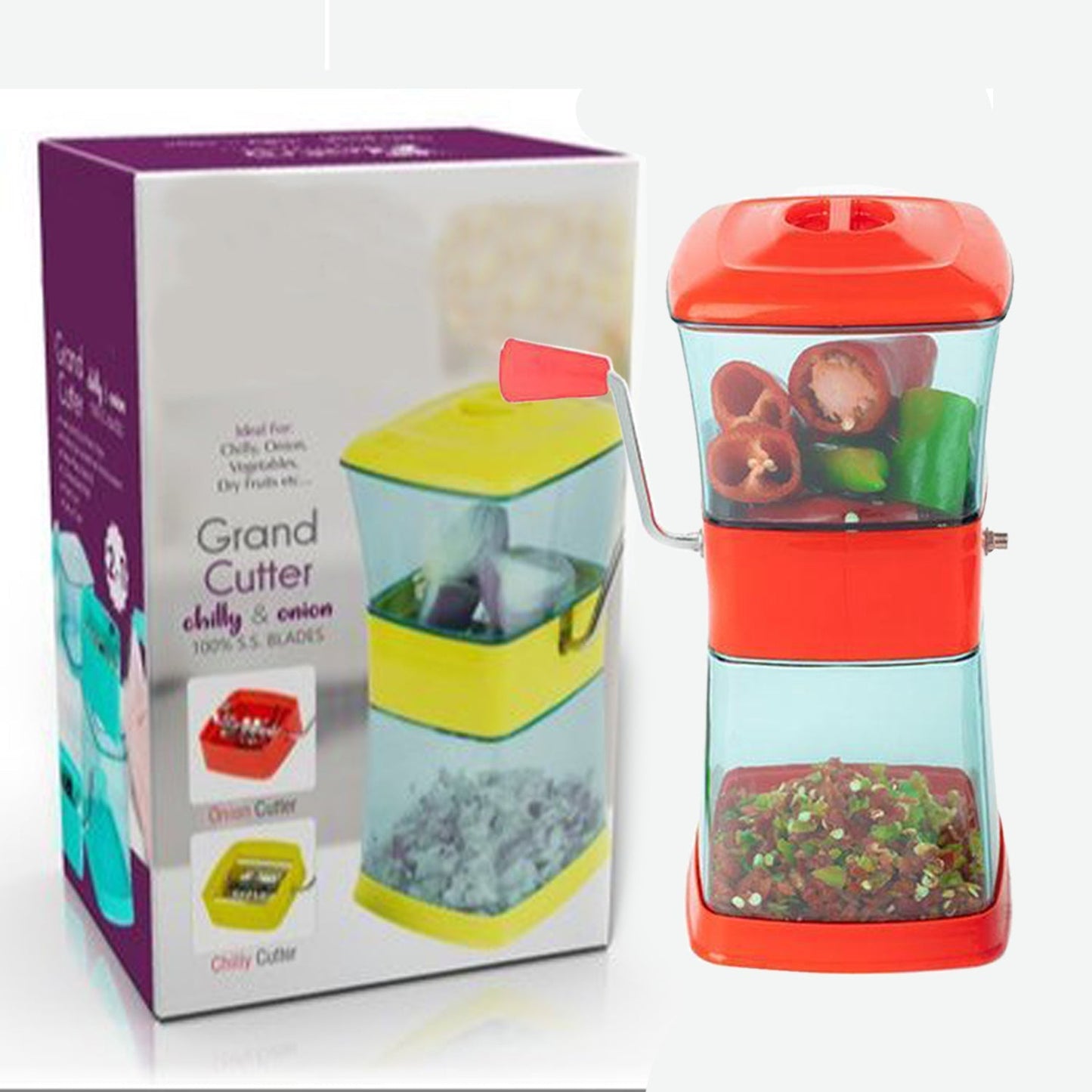 Multi-purpose vegetable and fruit chopper with sharp stainless steel blades.