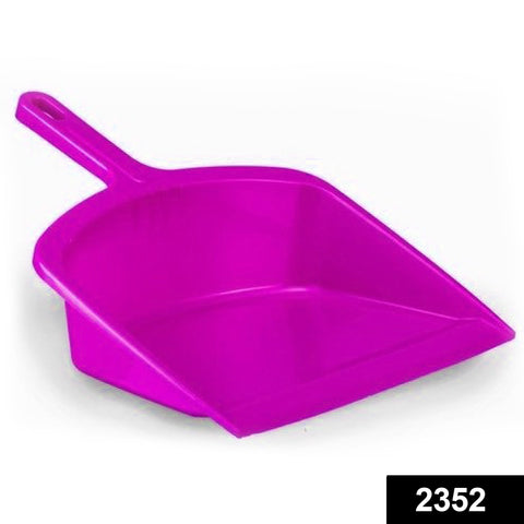 Strong plastic dustpan with handle, perfect for various surfaces.