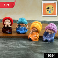 Decorative Resin Monk Buddha Showpiece Set Of 4 With Traditional Straw Hats