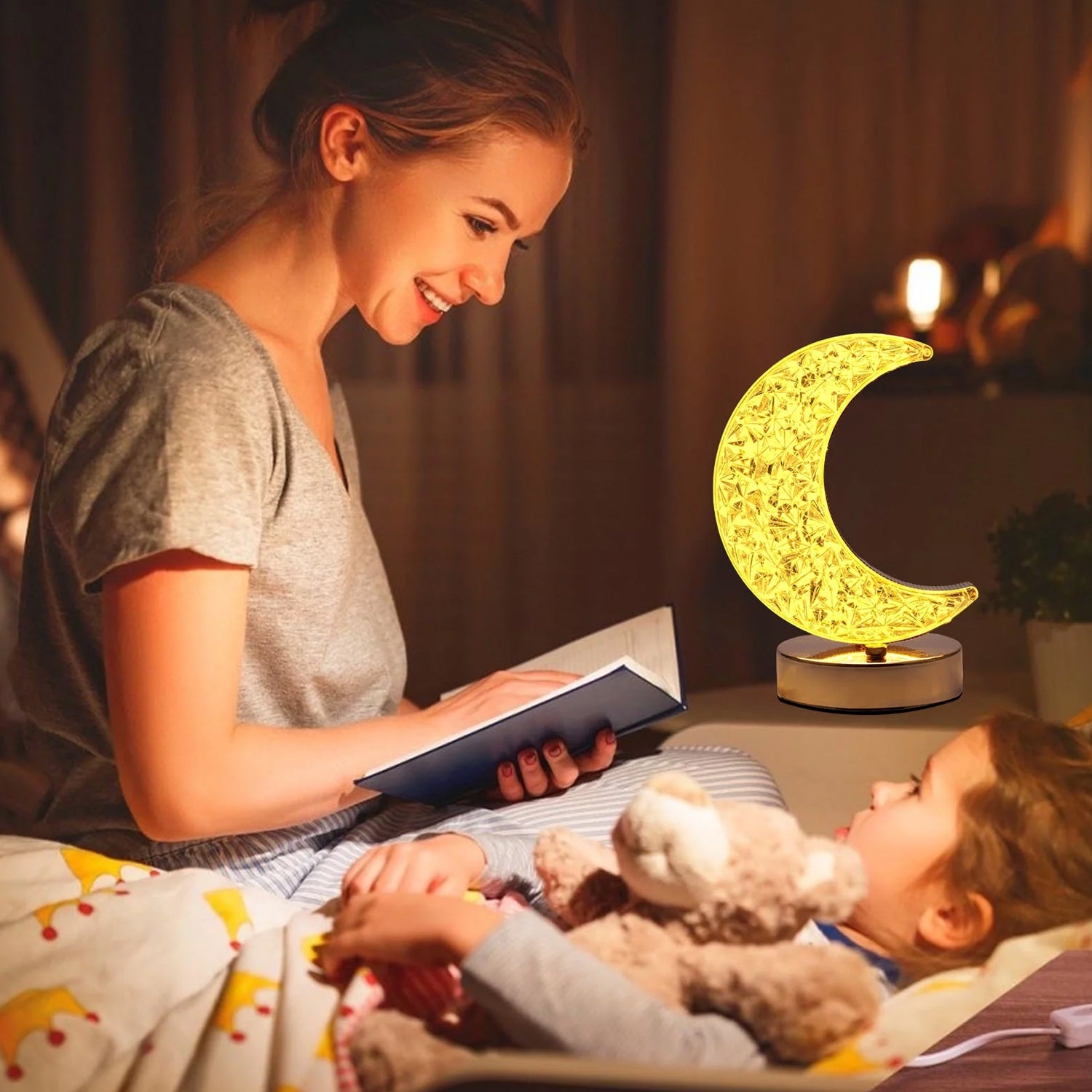 Crystal Table Lamp  Moon Shape Touch Control Lamp With 3 Color  Metal Bedside Lamp For Kids Bedroom Romantic Desktop Nightstand  Stepless Dimming Usb Charging Touch Night Light - LootFaat