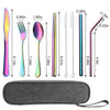 Portable Utensils Set,Reusable Travel Cutlery Set with Case Stainless Steel Flatware Set for Camping 8pcs Including Dinner Knife Fork Spoon Chopsticks Boba Straw (Rainbow)