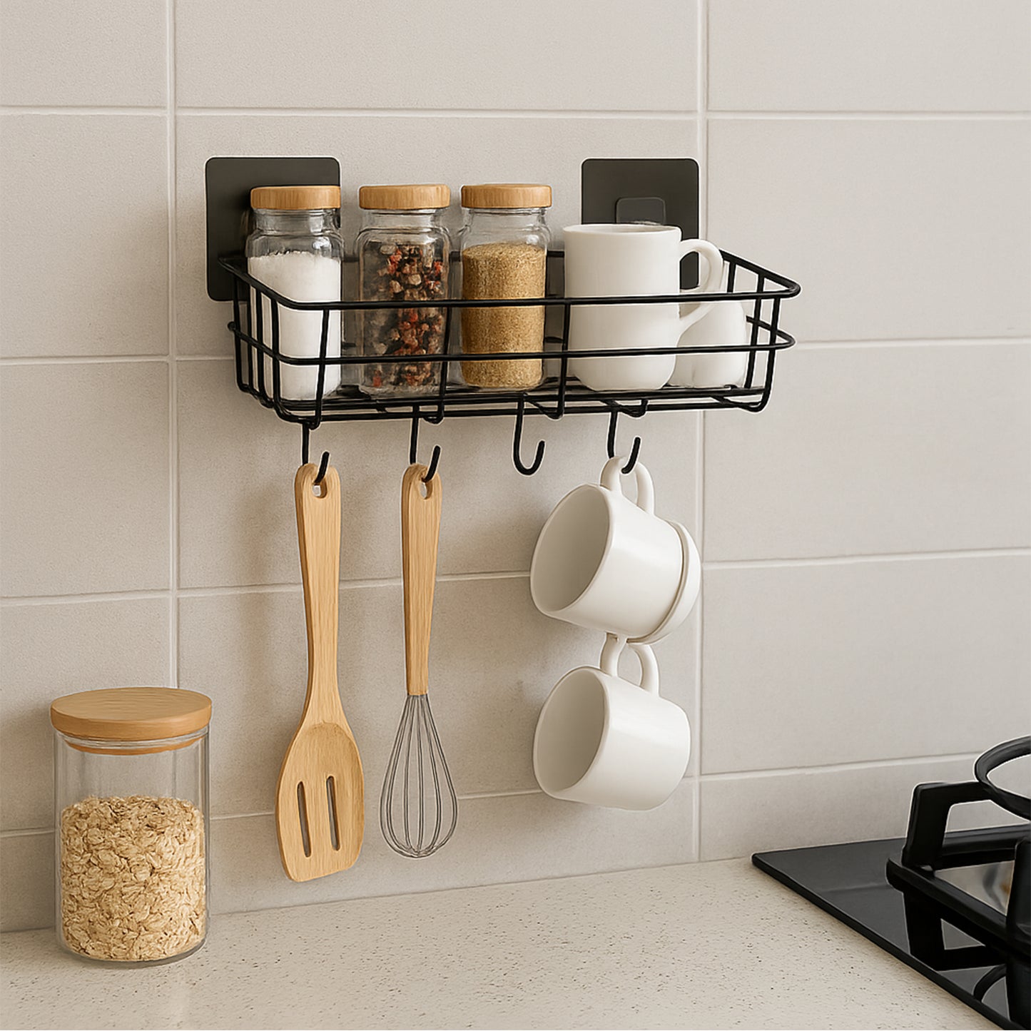 Heavy-duty Self-adhesive Wall Storage Baskets With Hooks (Pack Of 2)