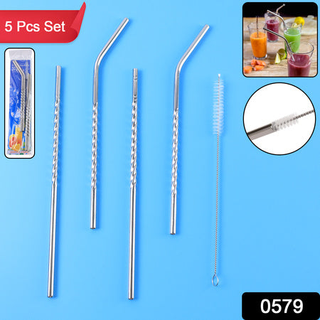 579 Set Of 4 Stainless Steel Straws  Brush (2 Straight Straws 2 Bent Straws 1 Brush)