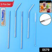 579 Set Of 4 Stainless Steel Straws  Brush (2 Straight Straws 2 Bent Straws 1 Brush)