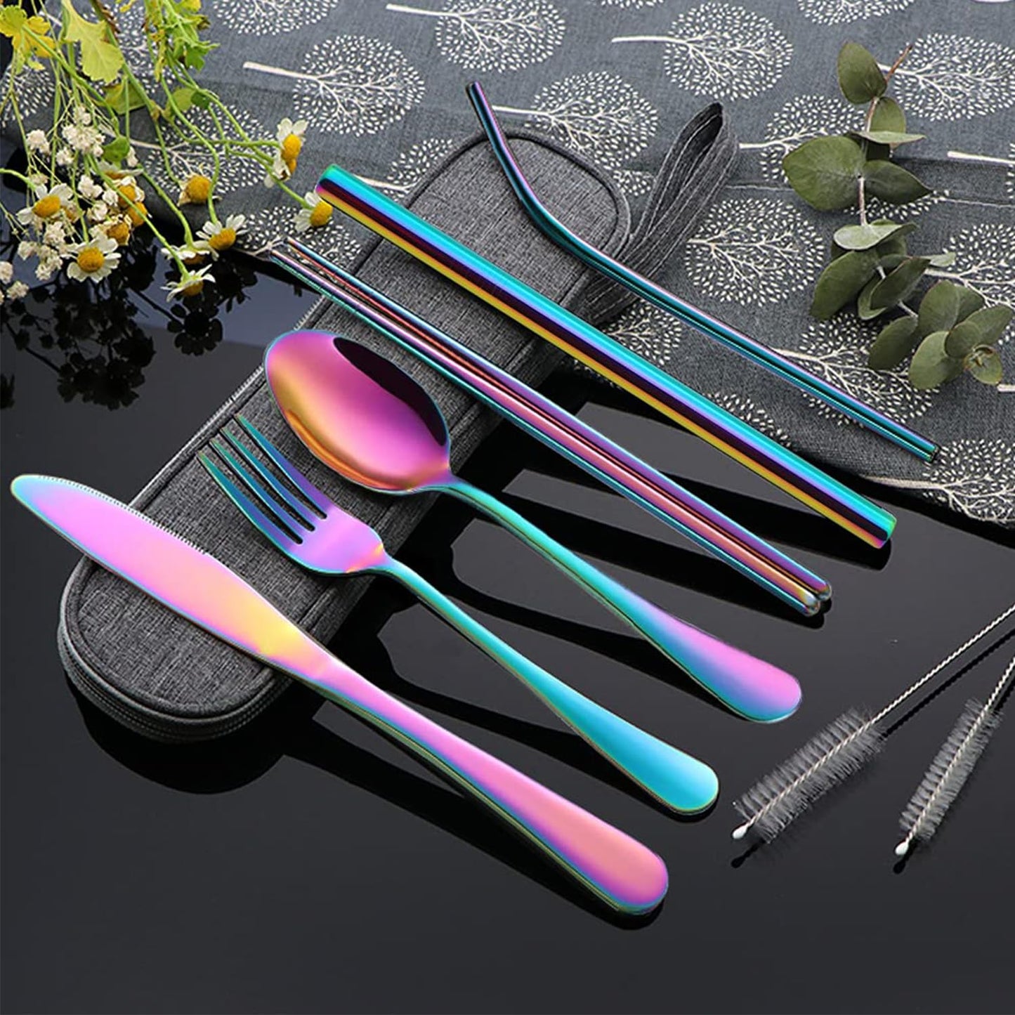 Portable Utensils Set,Reusable Travel Cutlery Set with Case Stainless Steel Flatware Set for Camping 8pcs Including Dinner Knife Fork Spoon Chopsticks Boba Straw (Rainbow)