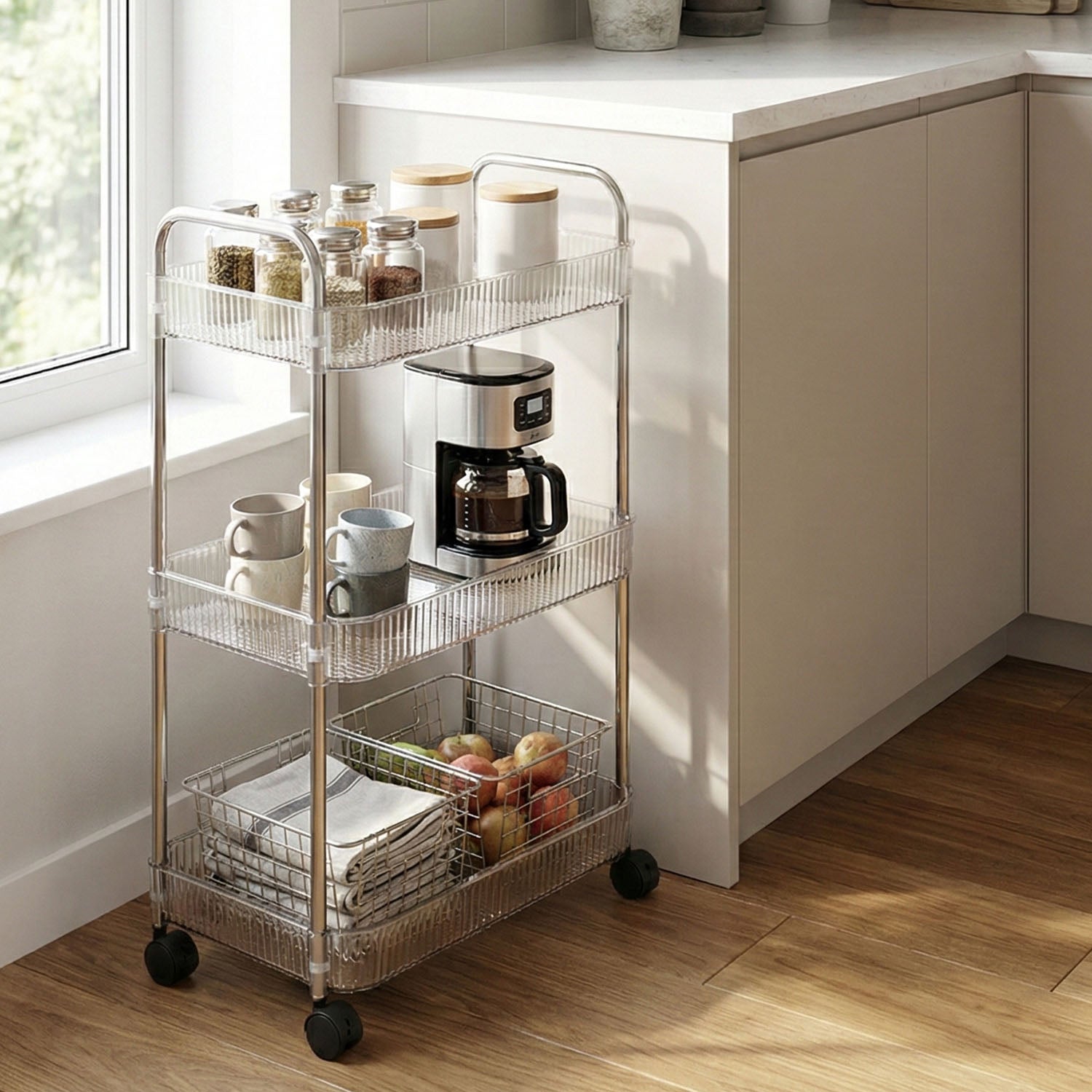 Lifestyle view of 3 Layer Multipurpose Storage Trolley with Wheels - Home & Kitchen in use