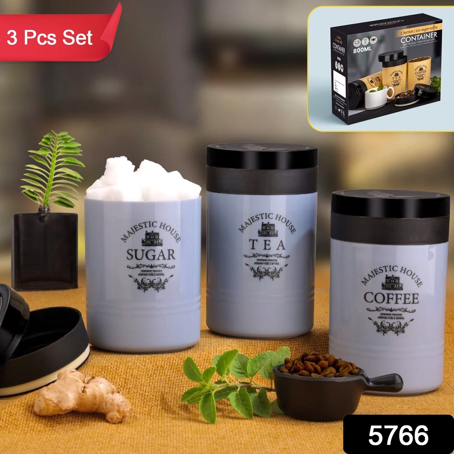 Damru Shaped Tea Coffee Sugar Canister Set - 3 Pcs Airtight Food Storage Containers