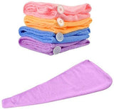 Soft microfiber hair-drying towel, turban style for quick drying.