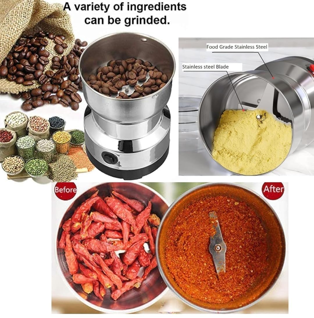 Stainless Steel Nima Electric Grinder | Multifunctional Mixer Grinder & Coffee Maker | Powerful Grinding Machine for Coffee Beans, Dry Spices, Nuts & Grains | Compact & Durable Design
