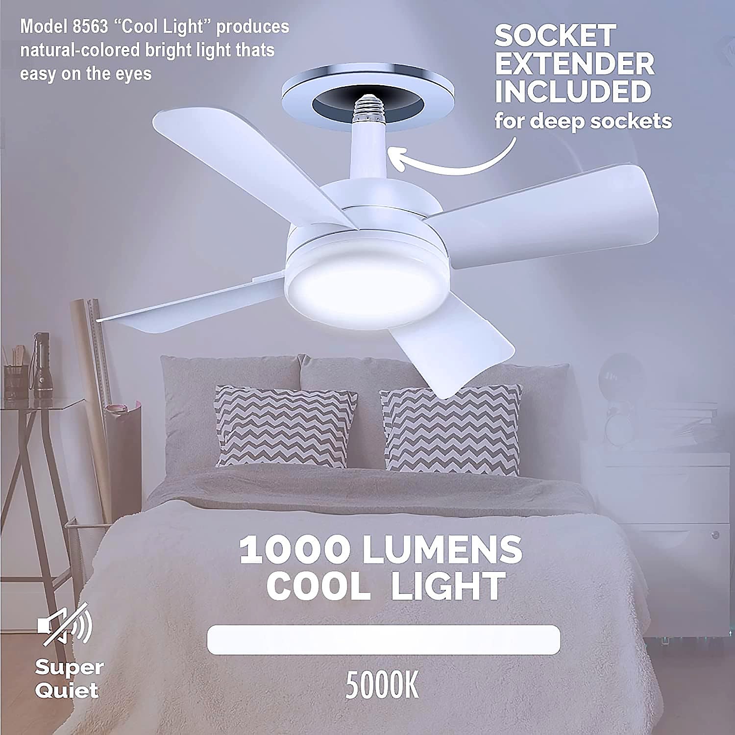 Socket Fan Light Original - Cool Light Led  Ceiling Fans With Lights And Remote Control Replacement For Lightbulb - Bedroom Kitchen Living Room1000 Lumens  5000 Kelvins Cool Leds (Remote Battery Not Included) - LootFaat