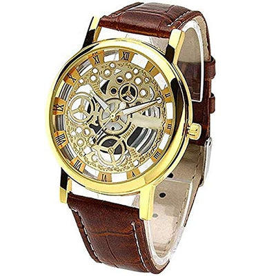 Leather Transparent Analog Gold Dial Brown Strap Men's & Boy's Watch - second image
