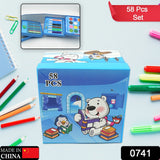 58-piece art set with crayons, color pencils, and watercolor paints.