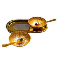 Gold Silver Plated 2 Bowl 2 Spoon Tray Set Brass With Red Velvet Gift Box Serving Dry Fruits Desserts Gift - LootFaat