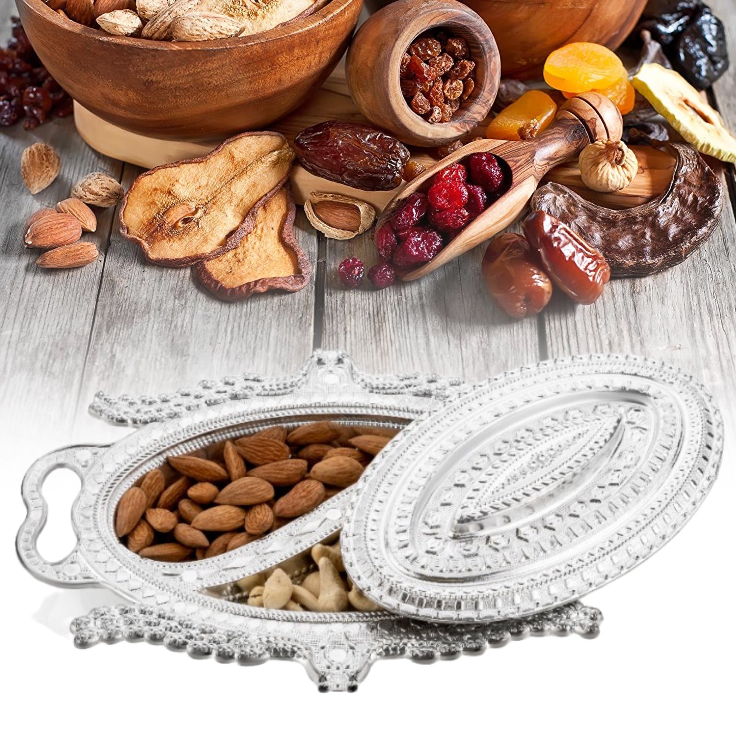 Plastic Peacock Dry Fruit Silver Finish Serving Tray - LootFaat