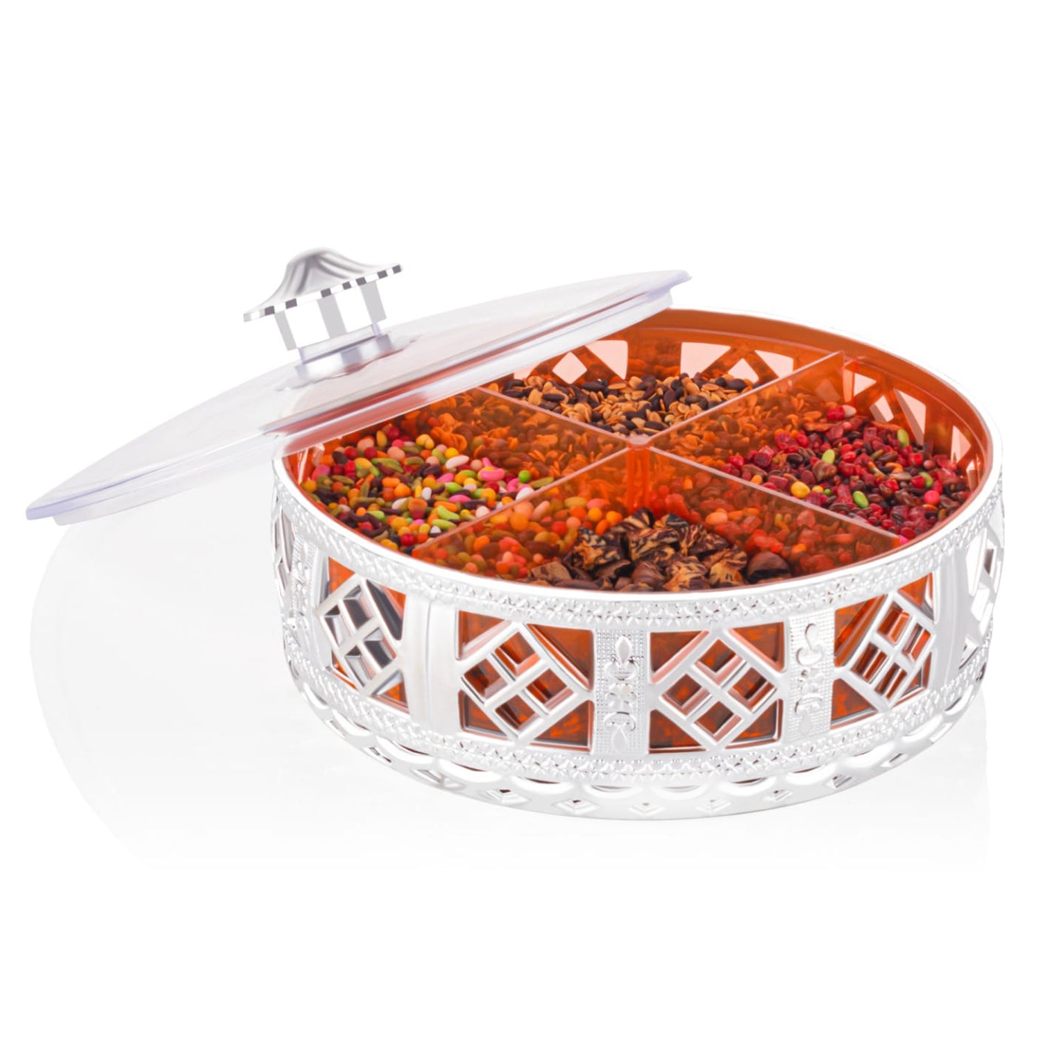 Multipurpose Dry Fruit Box 4 Section Dry Fruit Round Silver Gift Box (1 Pc) - LootFaat