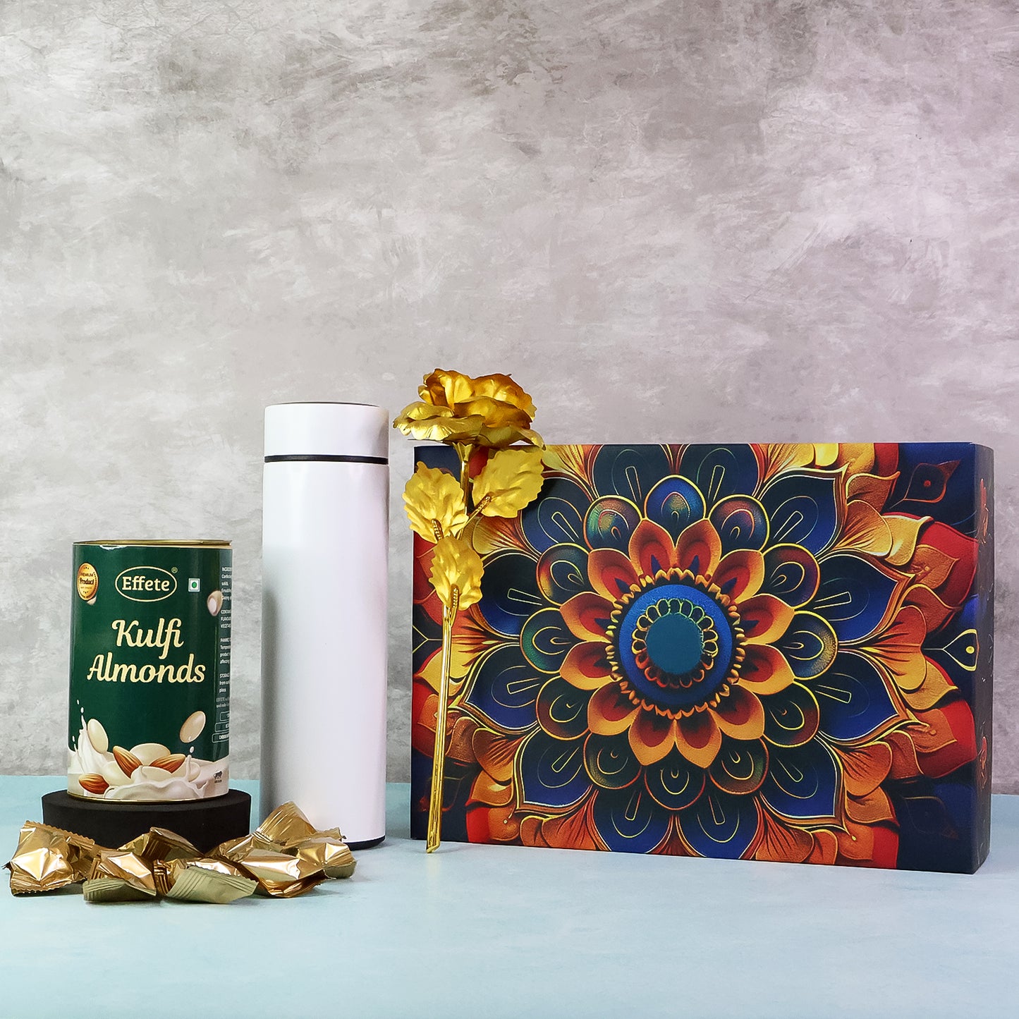 Effete Kulfi Almonds Gift Set - Golden Rose & Bottle (3 Pcs)