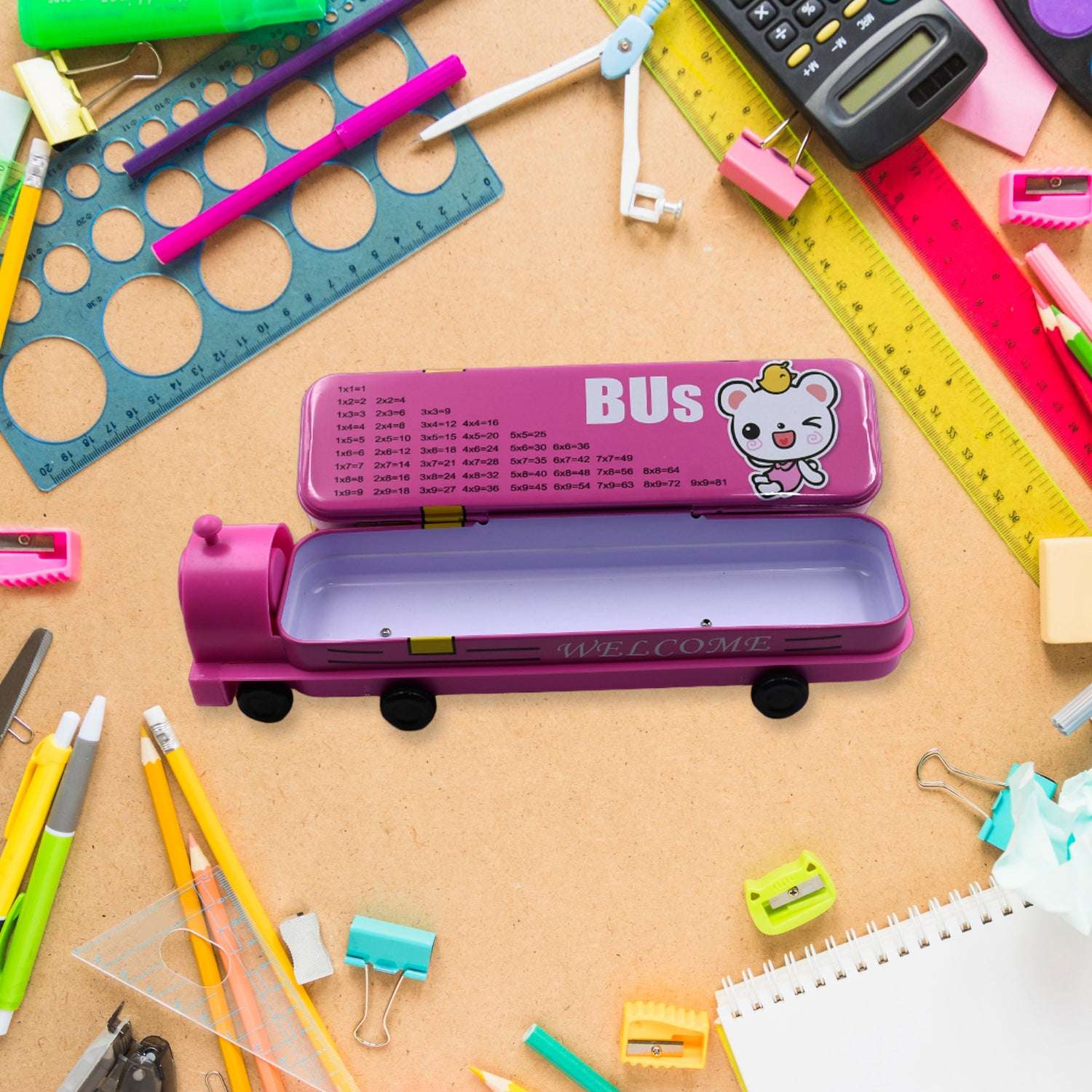 Double Decker Magic Bus Compass 2 Layer Metal Bus Compass Pencil Case With Movable Wheels  Sharpener Bus Shape With Tiers Metal Pencil Box For Kids Birthday Party - LootFaat