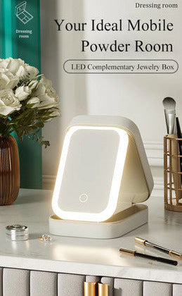 Portable LED Makeup Organizer with Dimmable Mirror – USB Rechargeable Travel Cosmetic Box