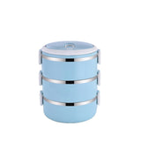 Three layer stainless steel lunch box for keeping food hot.