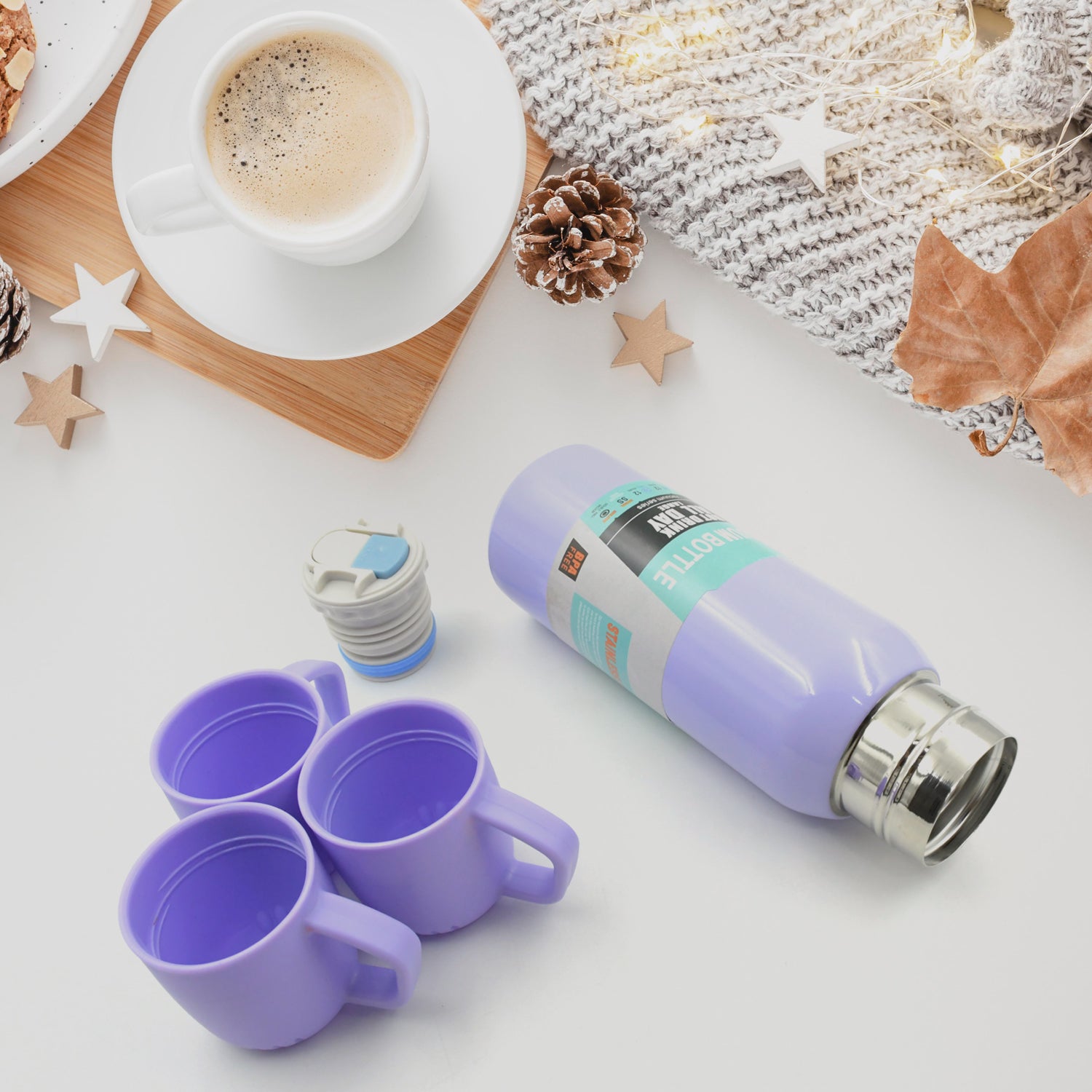 Vacuum Flask Set Stainless Steel Thermos With 3 Cup Creative Gift Set With Cover Handle Portable Car Water Bottle Set (Approx 500ml) - LootFaat