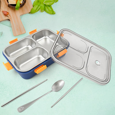 3-Compartment Stainless Steel Lunch Box with Spoon & Chopsticks - second image