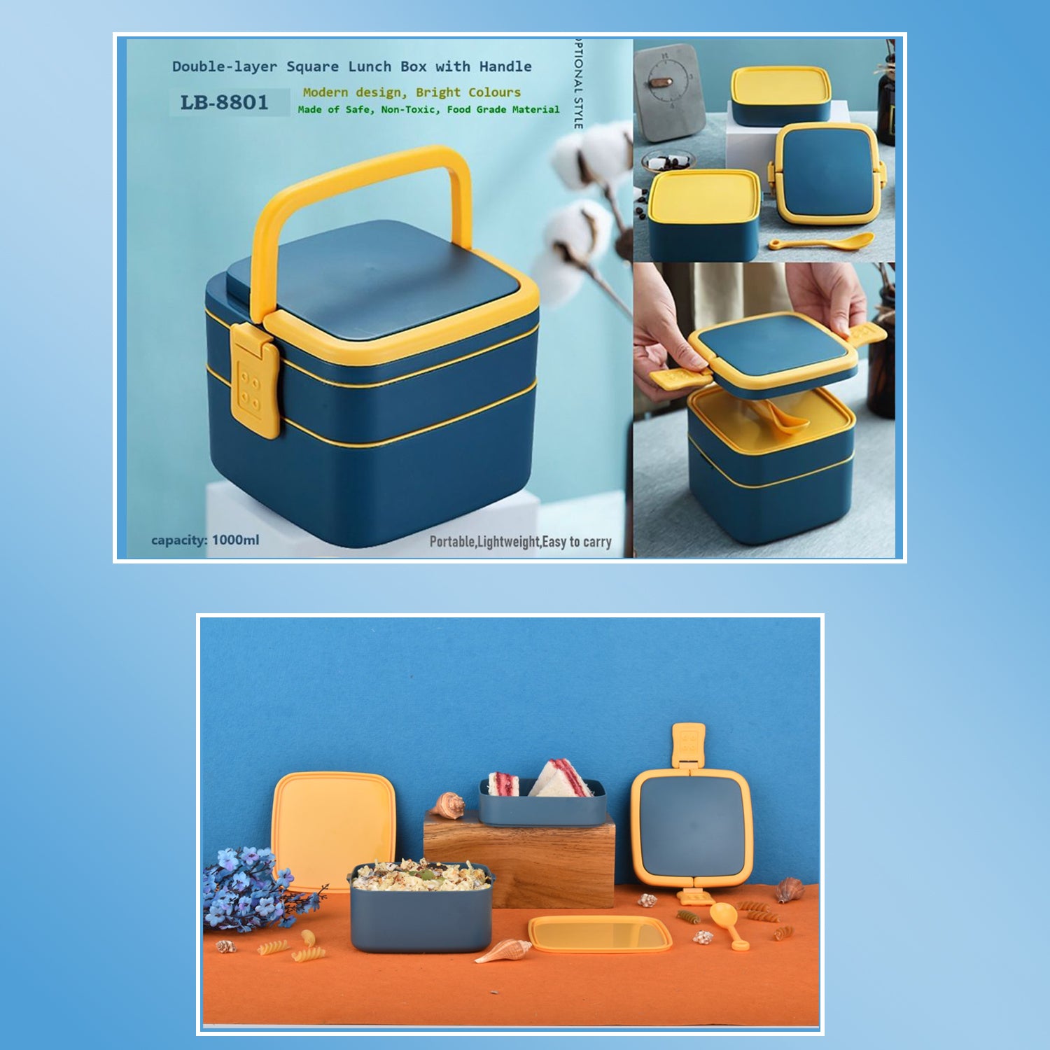 Blue Double-layer Portable Lunch Box Stackable With Carrying Handle And Spoon Lunch Box - LootFaat