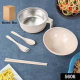 Rice Bowl Noodle 1 Bowl with 1 Lid and Handle Wheat Straw Noodle Bowls with Wheat Straw 1 Fork, 2 Chopsticks, 1 Spoon for Soup Salad Snack Set (6 Pcs Set)