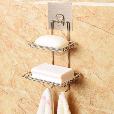Kitchen & Bathroom Soap Rack with 2 Hooks - Soap Saver & Organizer