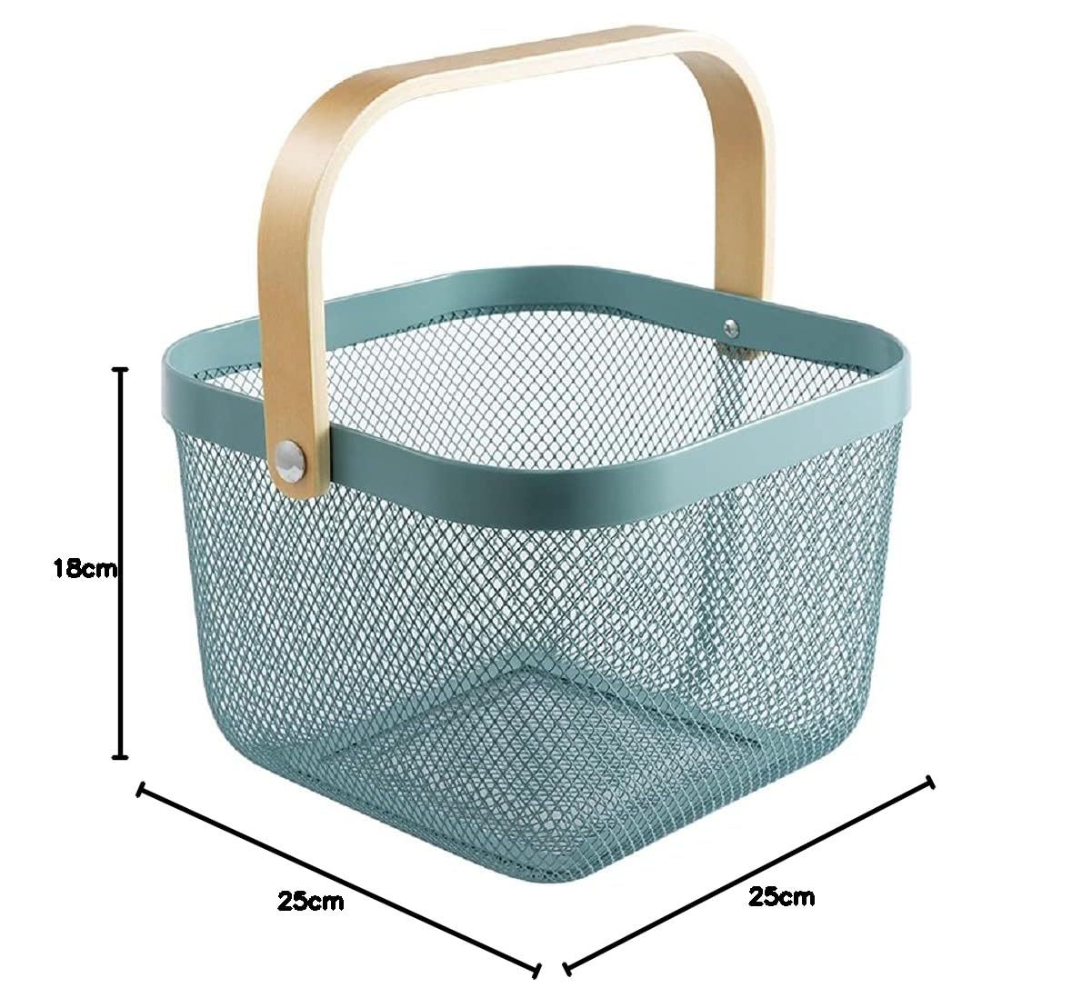 Multi-Purpose Metal Mesh Storage Basket with Bamboo Handle – Stylish & Durable Organizer for Kitchen, Bathroom, Pantry, and Home (25 x 25 x 18 CM)