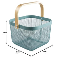 Multi-Purpose Metal Mesh Storage Basket with Bamboo Handle – Stylish & Durable Organizer for Kitchen, Bathroom, Pantry, and Home (25 x 25 x 18 CM)