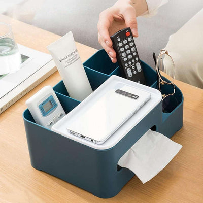 6-Compartment Desk Organizer - Tissue Box, Remote, Pen, and Stationery Holder