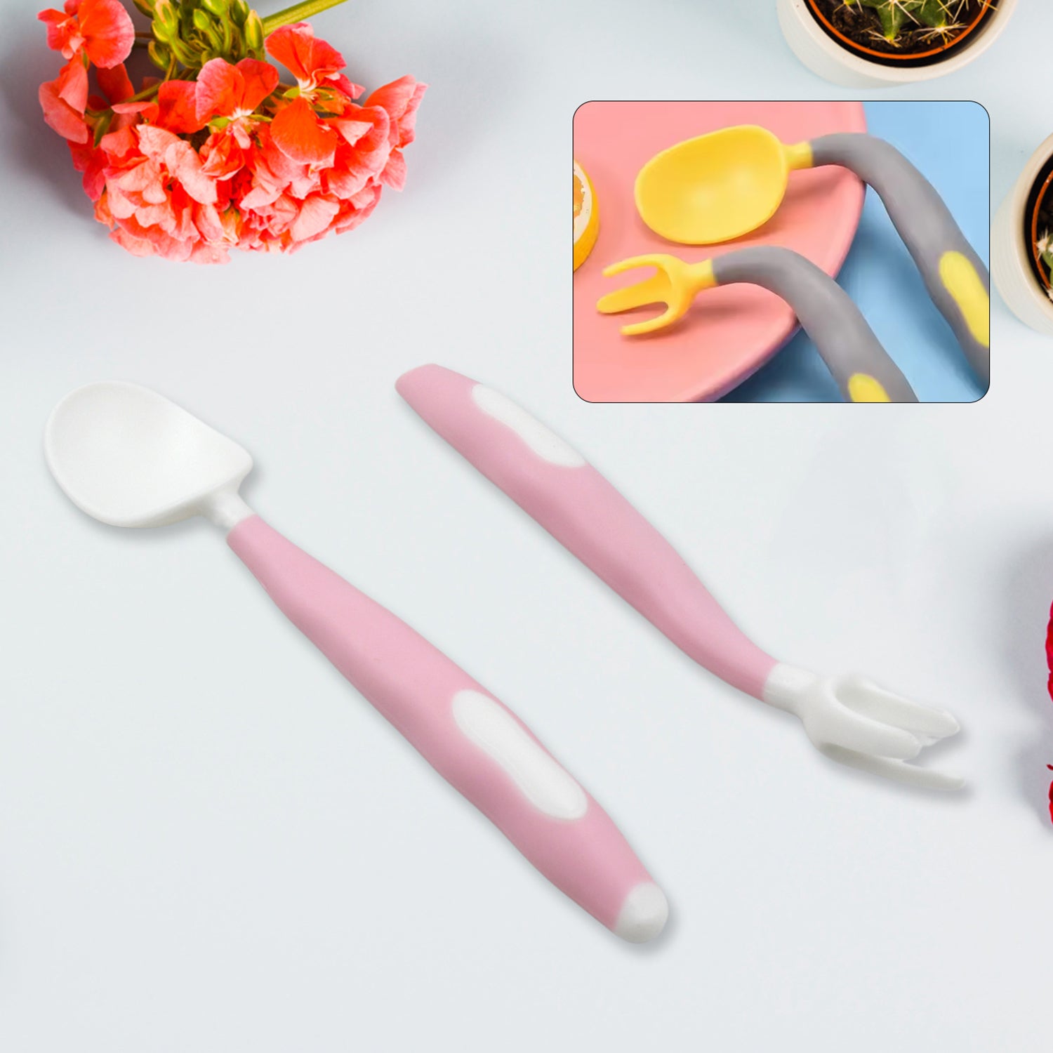Silicone Bendable Kids Feeding Spoons And Forks Toddler Utensils With Travel Case Baby Spoon And Fork Set For Self-feeding Learning Bendable Handle For Kid Children Toddlers (2 Pc Set) - LootFaat