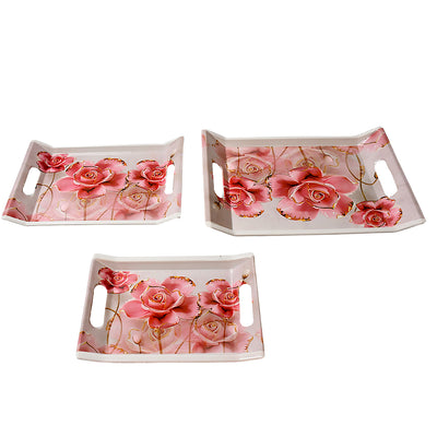 Plastic Rectangular Shape Flower Printed Design Serving Tray 3 Pcs Home And Kitchen Use (3 Pcs Set) - second image