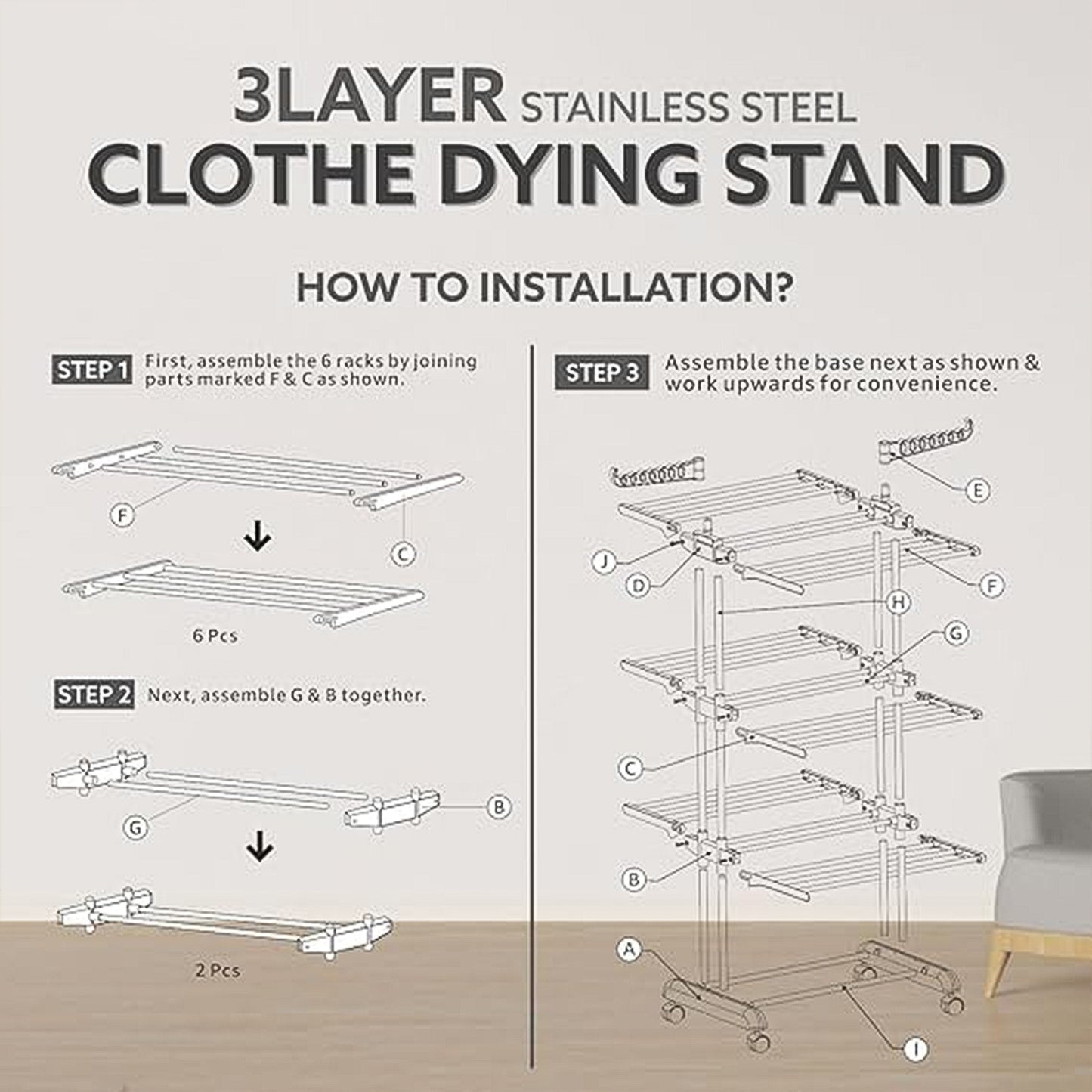 3-Tier Foldable Stainless Steel Clothes Drying Rack with Wheels