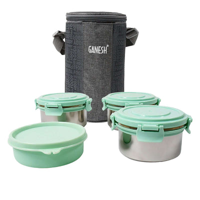8717 4in1tiffin Box-lunch Box  3 Stainless Steel Containers 300 Ml Approx  Plastic Salad Container 200 Ml Approx Plastic Lid Box  Round Zip Bag  Leak Proof  Microwave Safefor Office College And School For Men Women - second image