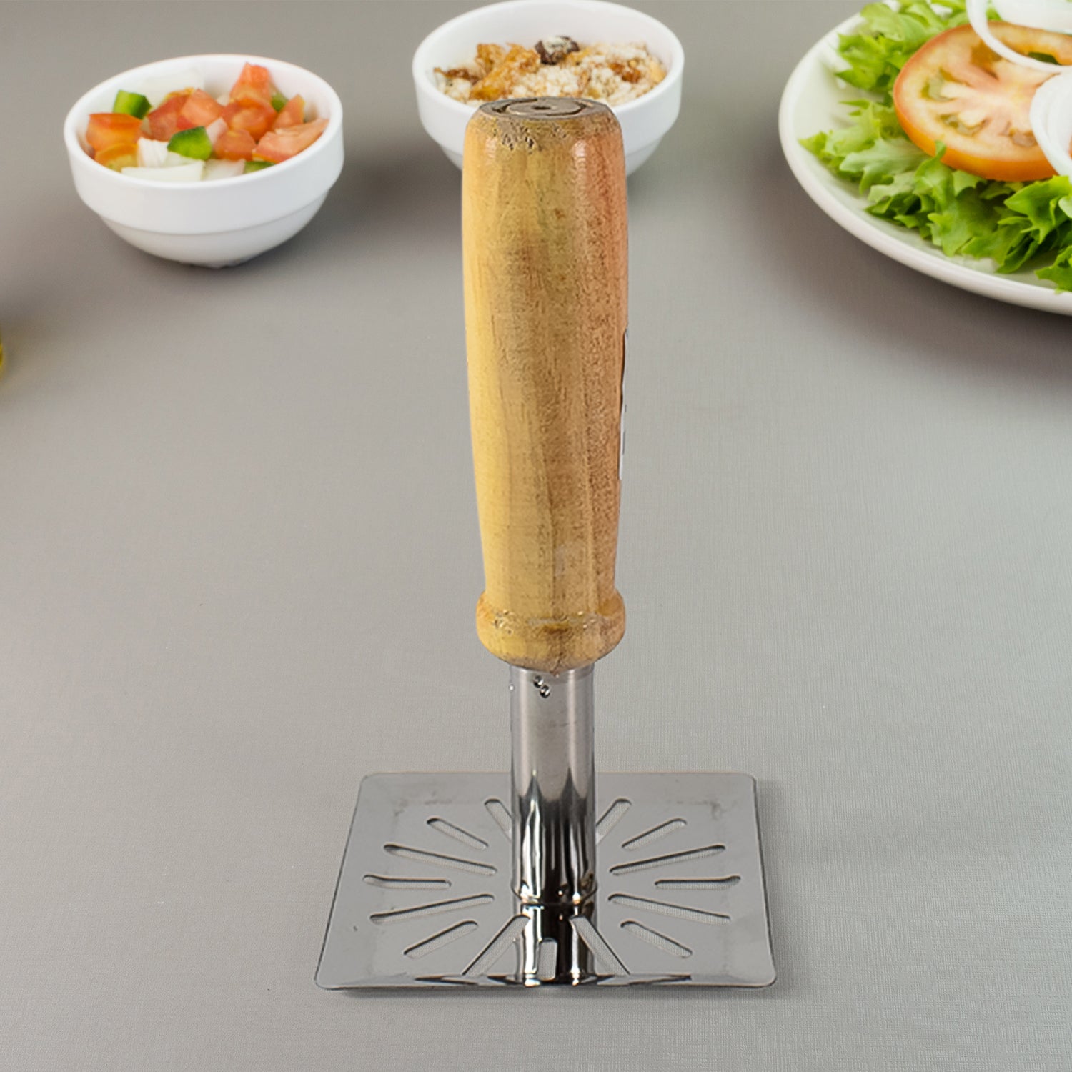 Kitchen Tools Wooden Handle Square Stainless Steel Potato Masher (1 Pc) - LootFaat