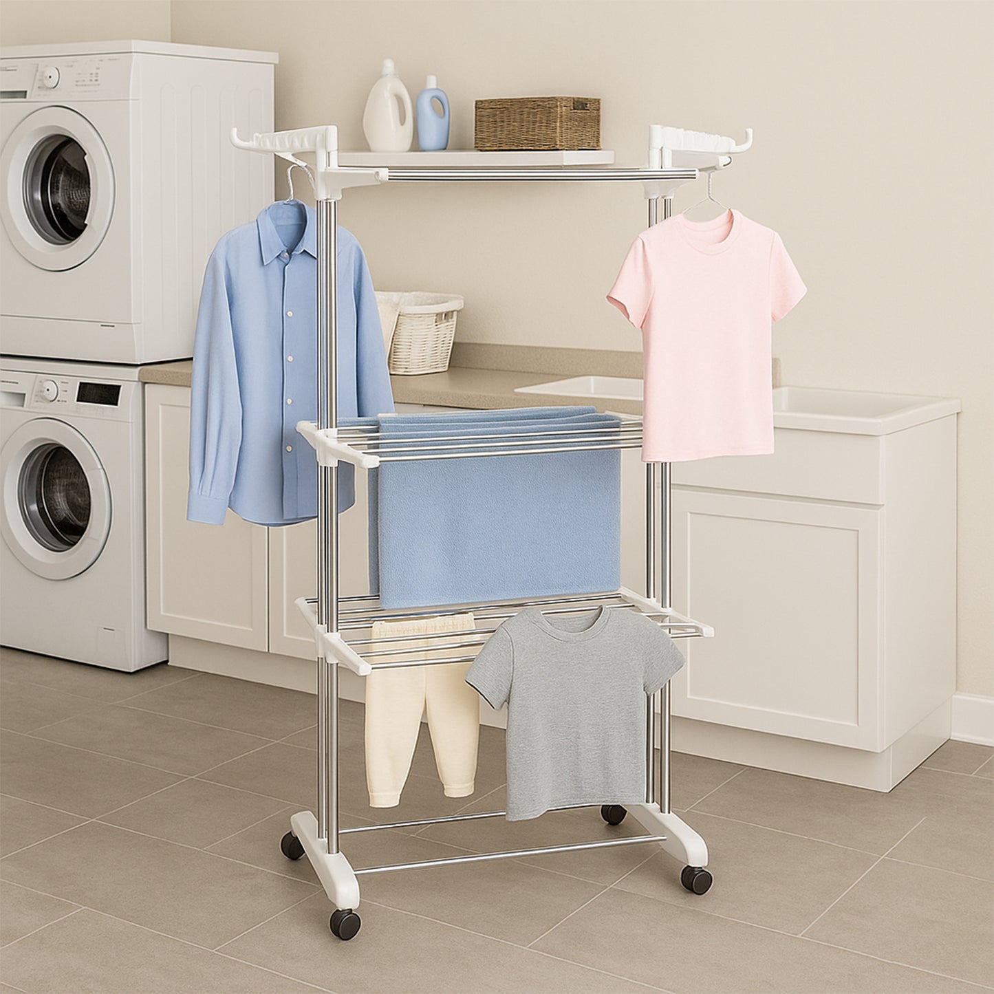 3-Tier Foldable Stainless Steel Clothes Drying Rack with Wheels