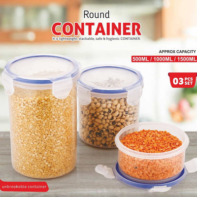 Airtight Food Storage Containers - Round Plastic Set with Leakproof Lids (500ml, 1000ml, 1500ml) - 3 Pcs